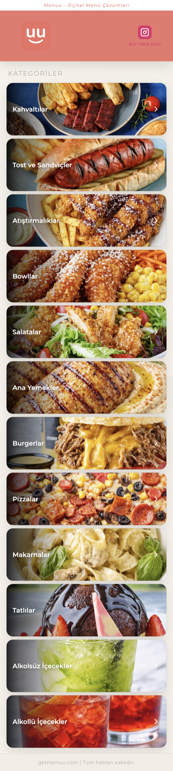 Menuu dijital menü uygulama ekranı — QR kod ile restoran sipariş sistemi